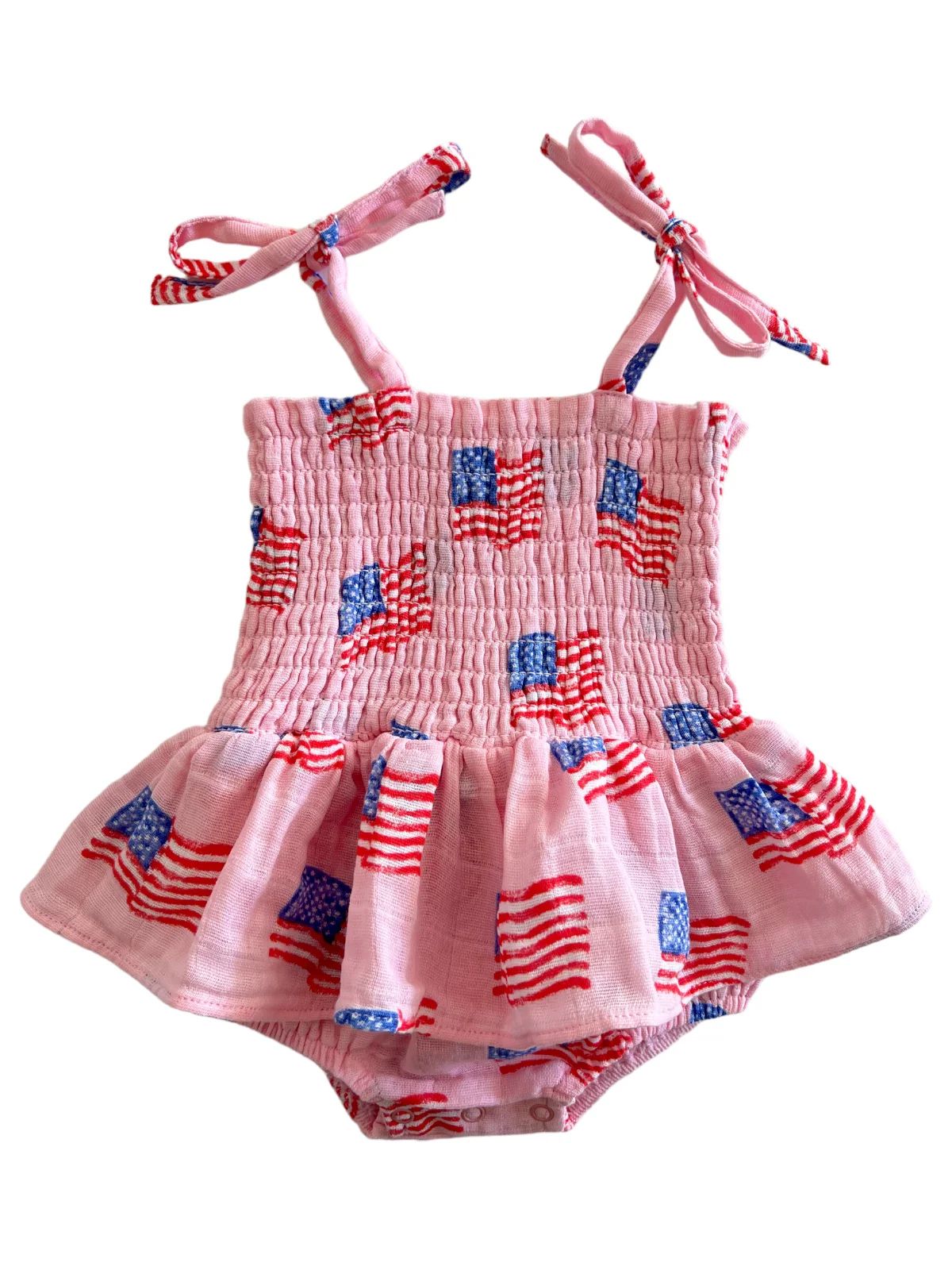 Muslin Smocked Bubble w/ Skirt, American Flag Pink | SpearmintLOVE