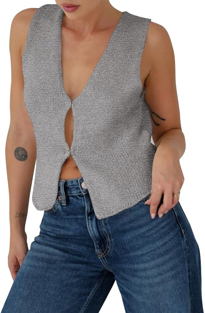 BZB Sweater Tank Tops for Women 2024 Summer Basic V Neck Crochet Knit Vest Sexy Button Casual Y2k... | Amazon (US)