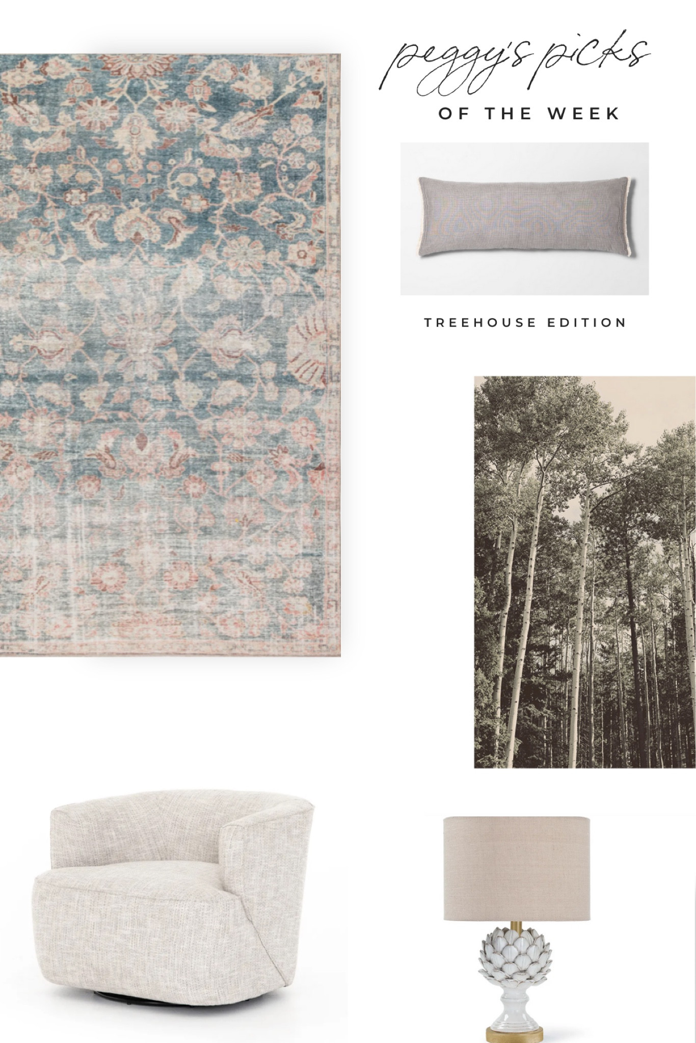 Use code PEGGYH15 for 15% off all full-price Scout & Nimble items! Peggy’s Picks of the Week are all about blending beauty with practicality and the Haddad Treehouse is no exception! My home is a treasure trove of elevated, eclectic pieces that are not just stylish but also perfect for families. From the vintage-inspired rug that adds a pop of color to any room to the artichoke lamp that holds a special place in mine and Matt’s hearts, these finds are a true reflection of our style. And who says you can’t have kid-friendly furniture that looks amazing? Our featured swivel chair is upholstered in a gorgeous high-performance fabric that’s as durable as it is beautiful. Don’t miss out on these must-have pieces for your own home! Shop now in the PHI shop and tour the #haddadtreehouse on the blog.

#EclecticDecor #FamilyFriendlyDesign #PHIHome #PerformanceFabrics #InteriorDesign #PeggyPicks #HomeStyling #InteriorInspo

#LTKHome