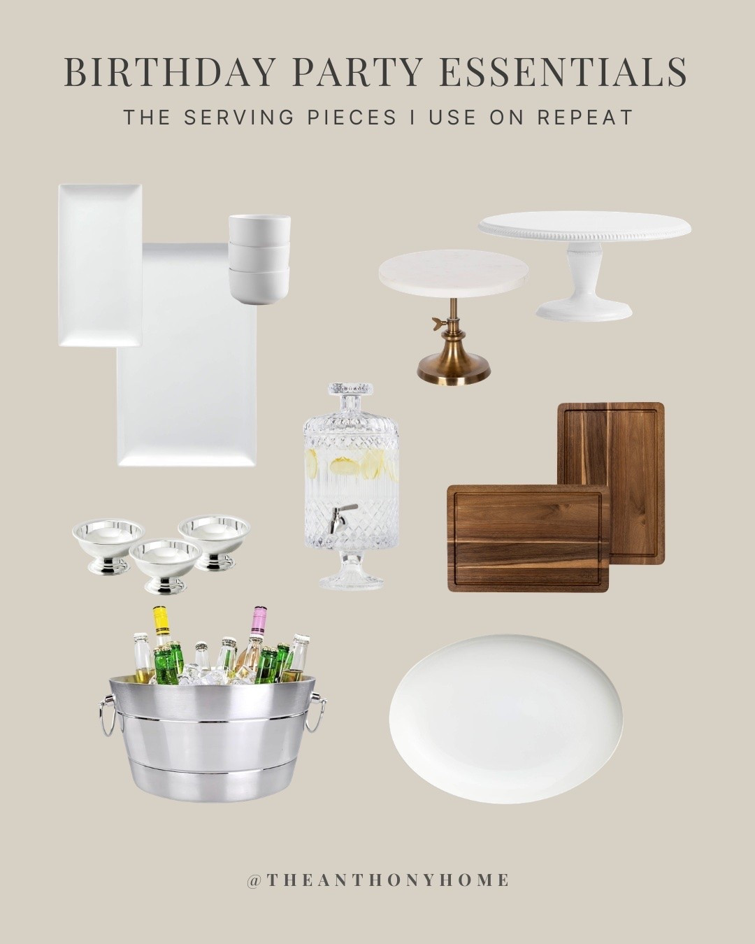 These are the serving pieces I reach for almost every time we host a birthday or casual get-together.

White platters for everything from sandwiches and desserts to meats and sides, cake stands for height, small bowls for garnishes and toppings, wooden boards for appetizers, a beverage dispenser for self-serve drinks, and a party tub for keeping bottled drinks cold.

Most of these are not birthday-specific pieces, which is exactly why I love them. I can use the same collection over and over again and just change the food, flowers, and decor depending on the occasion.

I linked the exact pieces I could find, plus my favorite current options for the closest lookalikes to pieces I’ve collected over the years. 🤍