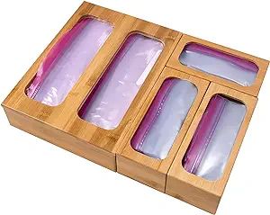 Bamboo Ziplock Bag Storage Organizer for Drawer, 5 Pcs Food Bag Storage Organizer and Dispenser C... | Amazon (US)