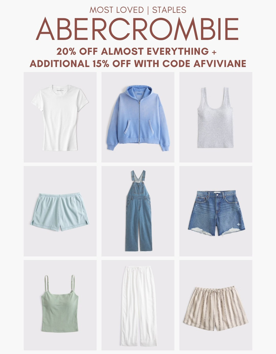 [7/16/26] Abercrombie Sale- Most Loved! *Use code AFVIVIANE to get an additional 15% off almost everything in stores and online at checkout from July 16, 2026 to July 20, 2026 in US/CA. Exclusions apply. See details online.

#LTKootd #LTKSeasonal #LTKSaleAlert