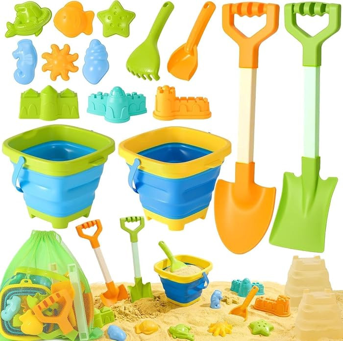 Beach Sand Toys for Kids with 20 in Long Beach Shovels, 2 Collapsible Bucket, Sand Castle Buildin... | Amazon (US)