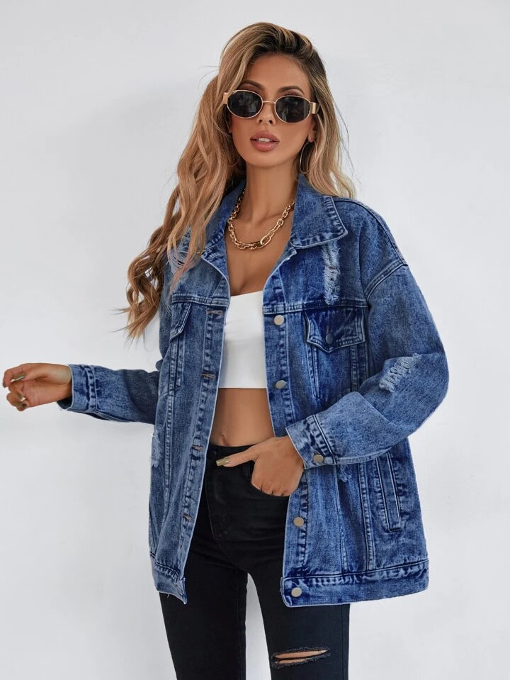 SHEIN Frenchy Button Front Flap Pocket Drop Shoulder Denim Jacket | SHEIN