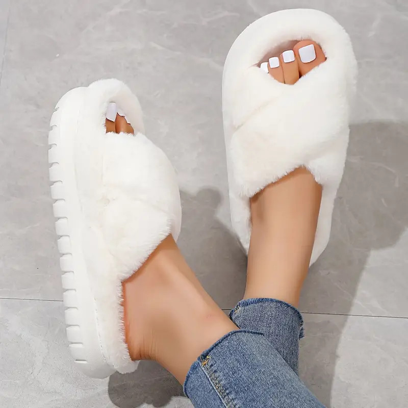 Women's Platform Fuzzy House Slippers, Open Toe Criss Cross Solid Color Casual Home Slides, Women... | Temu Affiliate Program