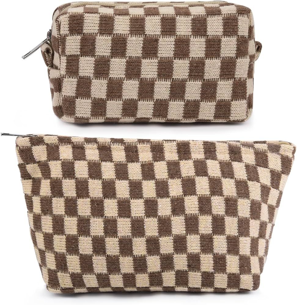 2 Pieces Makeup Bag Large Checkered Cosmetic Bag Brown Capacity Canvas Travel Toiletry Bag Organi... | Amazon (US)