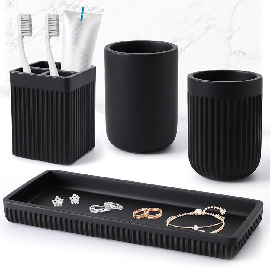 Toothbrush Holders for Bathroom, Black Toothbrush Holder Set 4 Piece-Vanity Tray, Tumbler, Toothb... | Amazon (US)