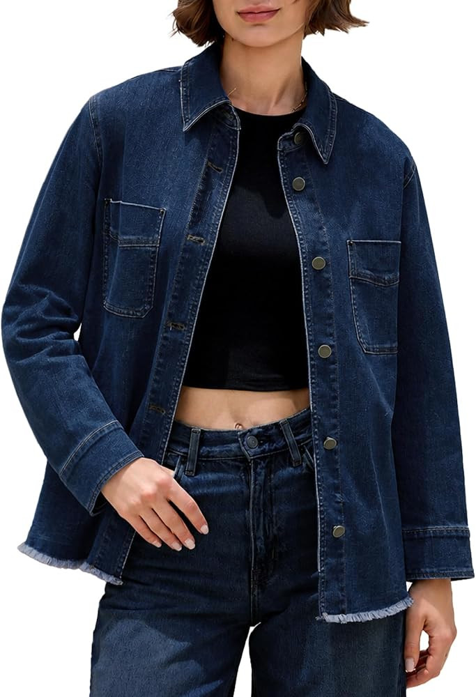 Escalier Women Denim Jacket Oversized Button Down Shirt Frayed Hem Jean Top | Amazon (US)
