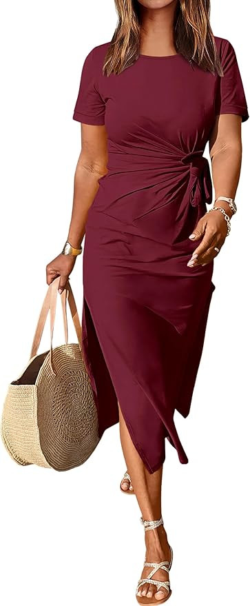 ANRABESS Women's 2025 Summer Maxi Tshirt Dress Short Sleeve Crewneck Tie Waist Casual Slim Fit Sl... | Amazon (US)