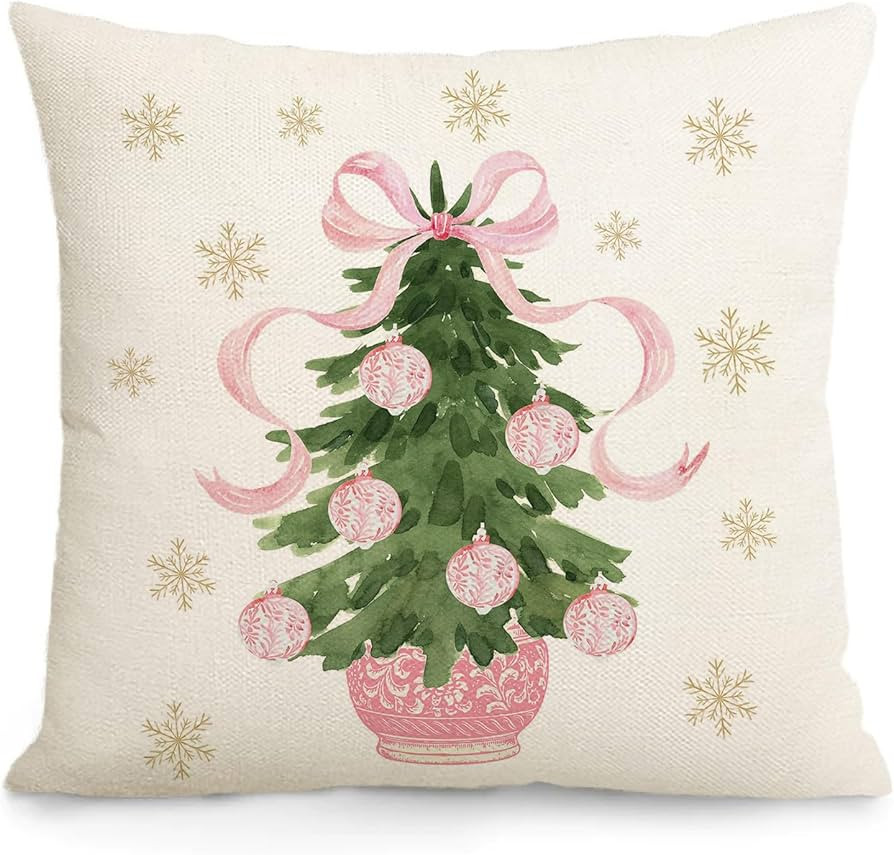 Pink Christmas Tree Merry Christmas Throw Pillow Cover, 18 x 18 Inch Pink Chinoiserie Christmas W... | Amazon (US)