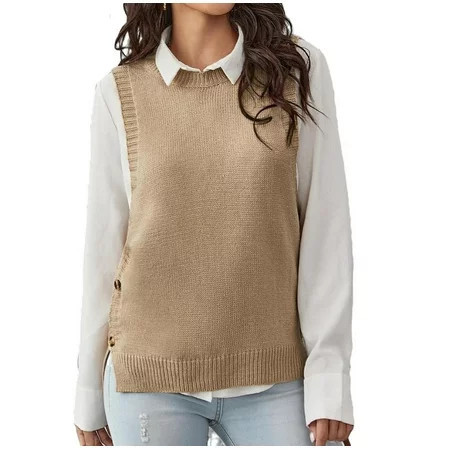 Khaki Solid Split Casual Round Neck Women s Sweater Vests | Walmart (US)