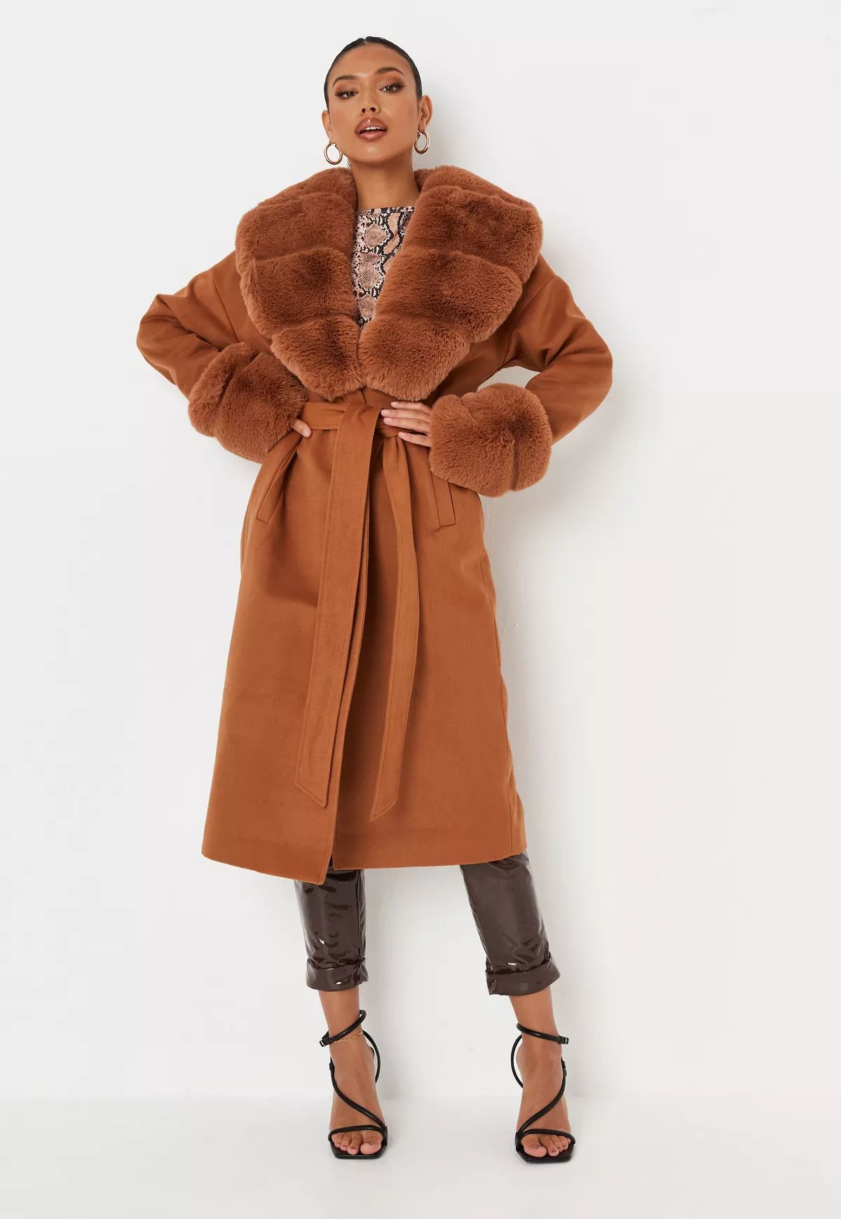 Camel Faux Fur Trim Belted Longline Coat | Missguided (US & CA)