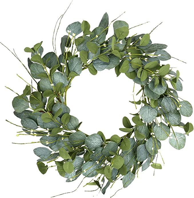 Artificial Greenery Wreath,20” Silver Dollar Eucalyptus Leaves Wreath with Pip Berries Green Sp... | Amazon (US)