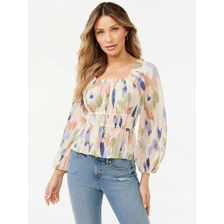 Sofia Jeans by Sofia Vergara Women’s Square Neck Peplum Top with Long Sleeves | Walmart (US)
