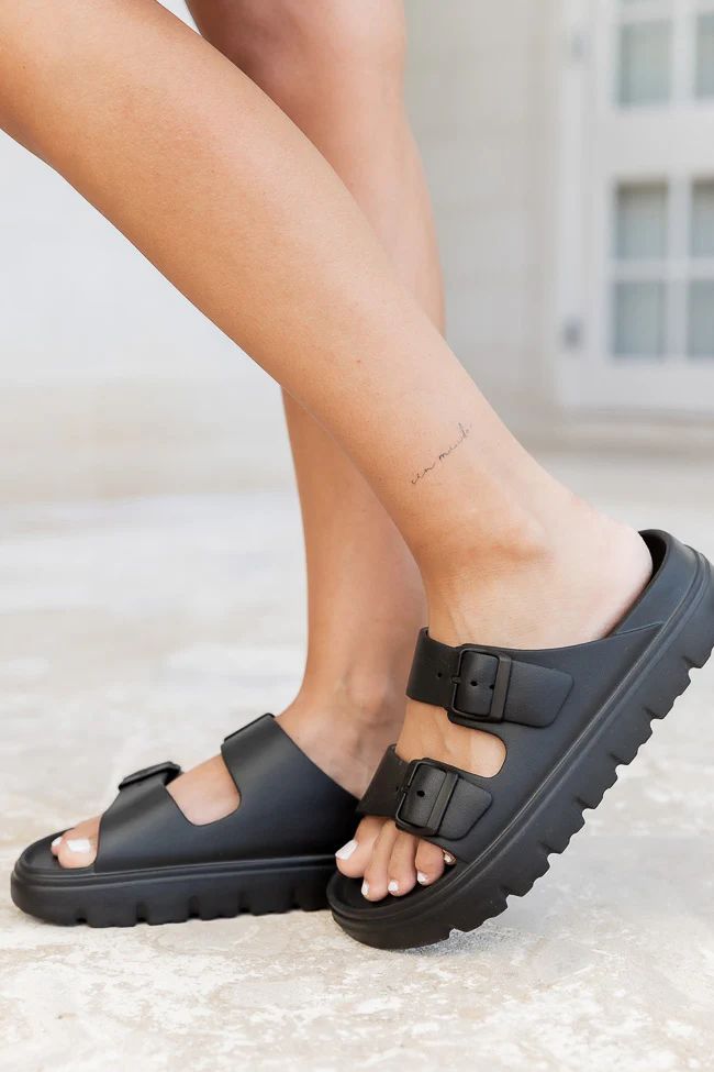Lana Black Buckle Slide Sandals | Pink Lily
