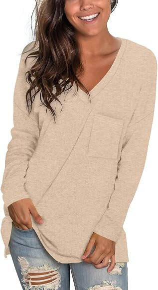 SAMPEEL Women's Fall Long Sleeve Shirts V Neck Tunic Tops Loose Fit Casual Basic Tee with Pocket | Amazon (US)
