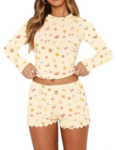 Dressmine Women Cute 2 Piece Pajama Set Casual Long Sleeve Tops Lounge Sets 2026 Trendy Fall Graphic Shorts PJs Outfits Apricot-Fruit,S | Amazon (US)