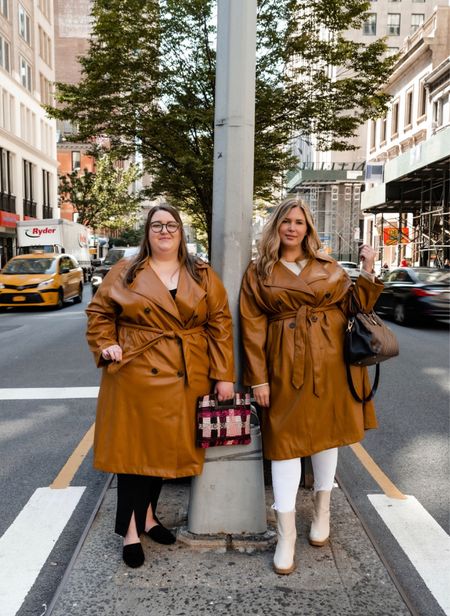 2 plus size outfits in the city! Both Ashley and Caroline are wearing a super cute faux leather trench coat from Target (it runs generous - Caroline is in a 3X and Ashley is in a 2X but could do a 1X). Caroline paired her trench look with a tank from Torrid (size 4), a pair of pull-on work pants from Target (size 4X) , and a pair of Target mules! Ashley paired her trench look with a beige bodysuit from Madewell (size 2X), a pair of Good American white denim (size 20), and a pair of boots from Target! So many great deals on these pieces right now! 

#LTKCyberweek #LTKcurves #LTKSeasonal