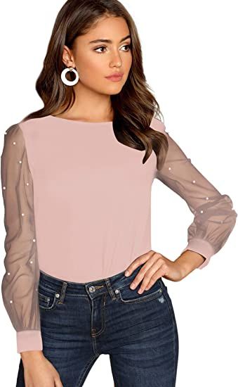 Floerns Women's Pearl Sheer Mesh Long Sleeve Tops Blouse at Amazon Women’s Clothing store | Amazon (US)