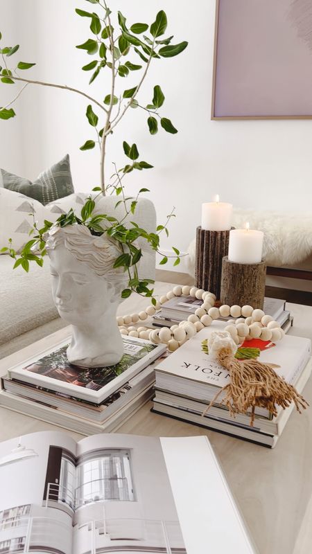 Coffee table styling for a large coffee table with neutral decor, plants, and coffee table books.

#LTKunder100 #LTKhome #LTKunder50