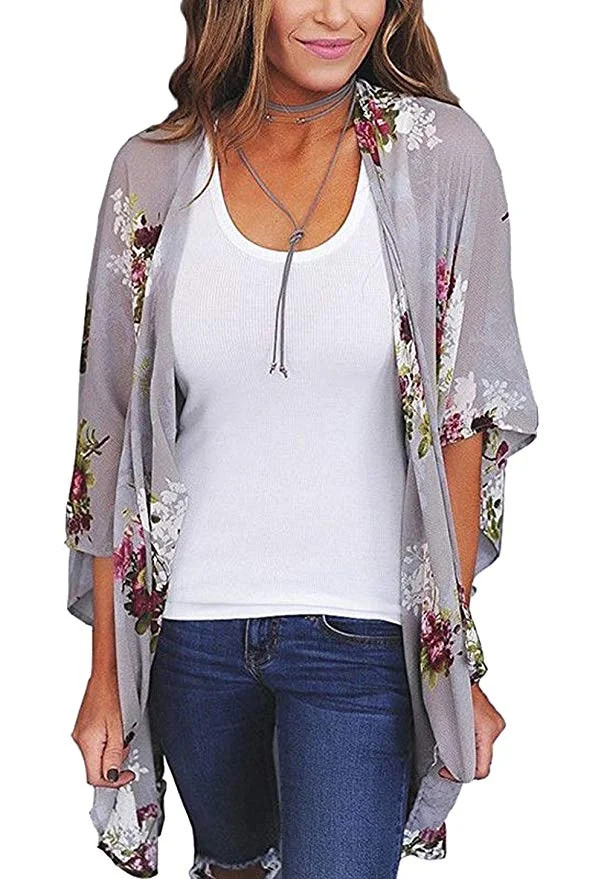 Women's Sheer Chiffon Blouse Loose Tops Kimono Floral Print Cardigan | Walmart (US)
