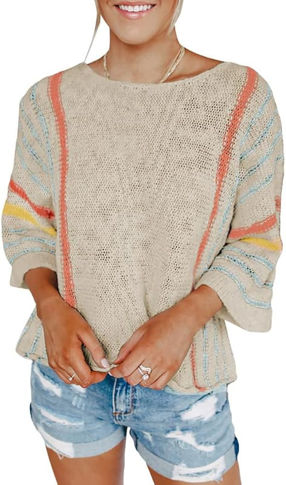 Dokotoo Womens 2024 Cute Summer Fall Color Block Striped Lightweight Comfy Cable Knit Beach Pullo... | Amazon (US)