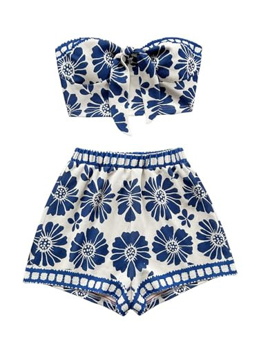 Floerns Women's 2 Piece Outfits Summer Tie Front Strapless Crop Top and High Waist Textured Shorts Set Blue and White Floral Medium | Amazon (US)