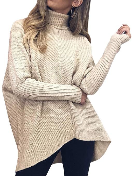 Nulibenna Womens Turtleneck Long Sleeve Sweater Asymmetric Hem Casual Winter Pullover Knit Tops | Amazon (US)