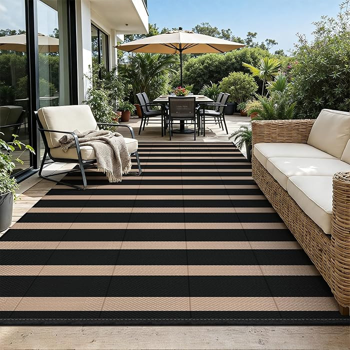 Vaukki Waterproof Outdoor Rug 8x10, Reversible Striped Patio Rug, Lightweight Plastic Straw Campi... | Amazon (US)