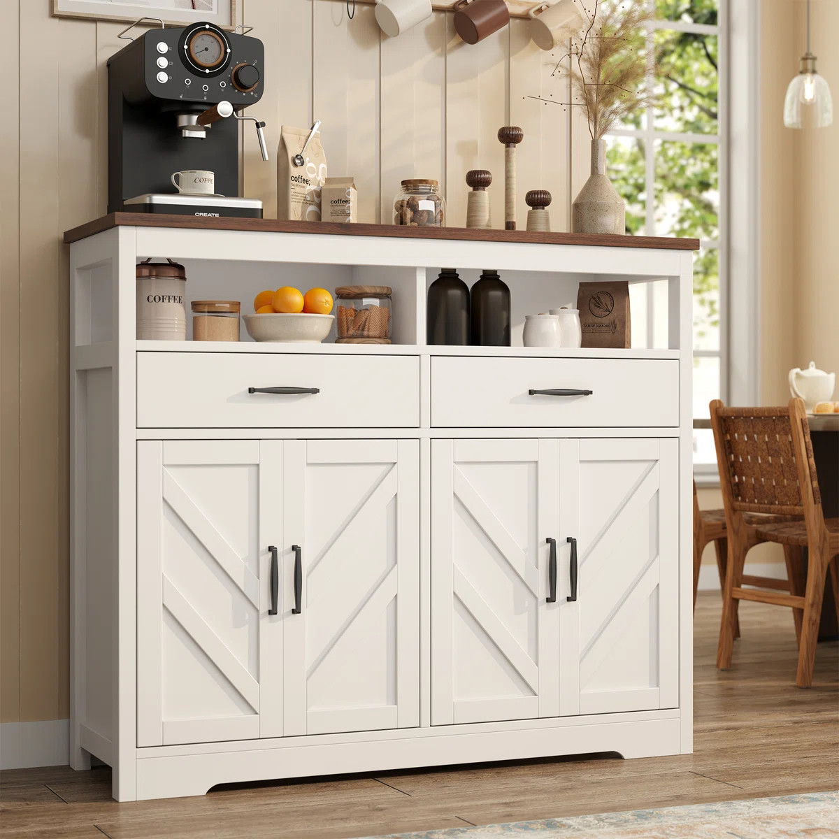 47" Farmhouse Buffet Cabinet with 4 Doors, Kitchen Storage Cabinet & Sideboard, Large Coffee Bar ... | Wayfair North America