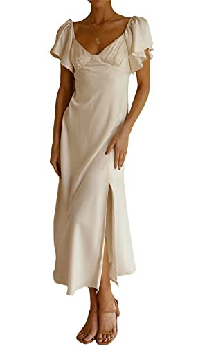 2025 Summer Women's Satin Off Shoulder Formal Dress Wedding Guest Elegant Butterfly Sleeve Split ... | Amazon (US)