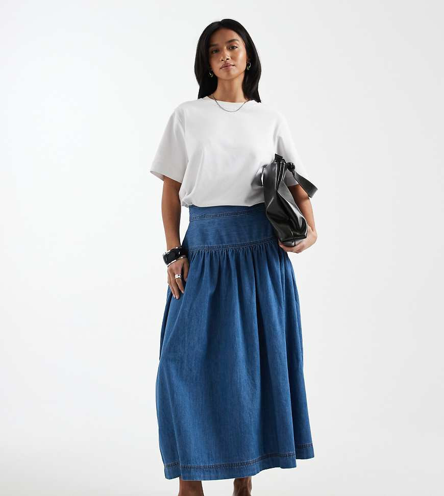 ONLY Petite dropped waist denim maxi skirt in mid blue | ASOS (Global)