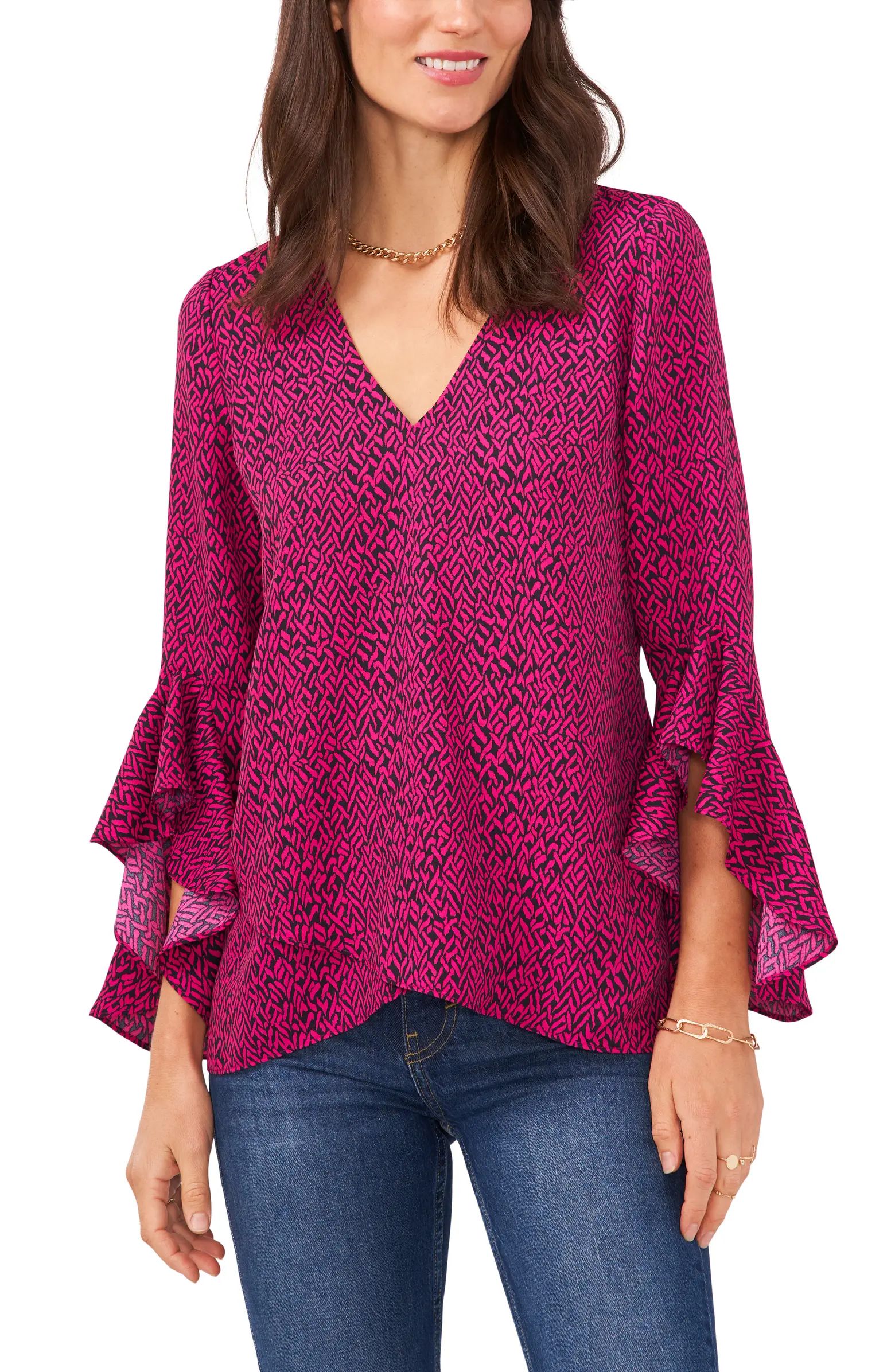 Print Ruffle Sleeve Popover BlouseVINCE CAMUTO | Nordstrom