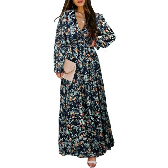 Dokotoo Blue Floral Print Maxi Dress for Women Fall Chiffon Deep V Neck Long Sleeves Ruffle Hem P... | Walmart (US)
