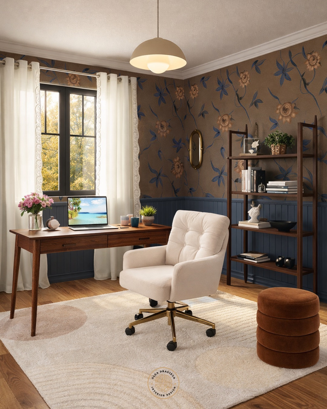 Cosy home office, who says that home office should be boring?! Gorgeous wallpaper, beautiful office chair, affordable desk, neutral rug, mid-century modern bookshelf, velvet storage ottoman, scalloped curtain. #homedecor #homeoffice #workfromhome

#LTKSeasonal #LTKHome #LTKSaleAlert