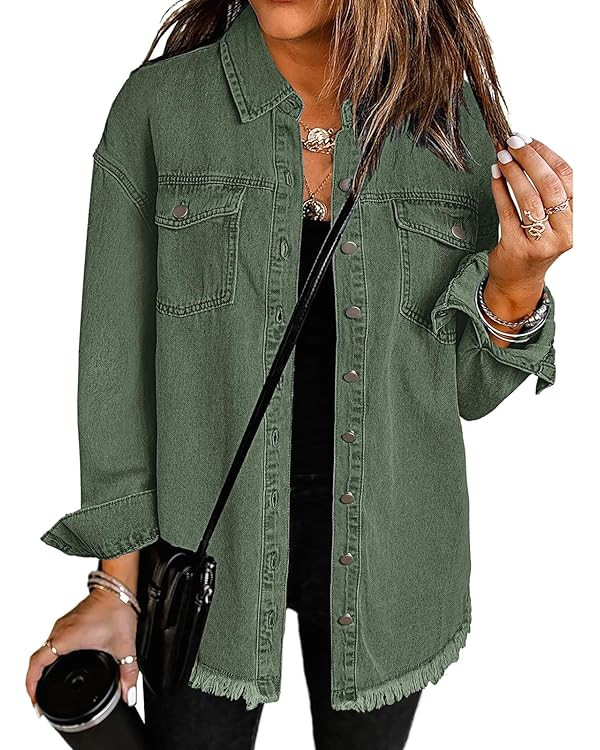 Vetinee Women’s Oversized Button Up Frayed Hem Shacket Long Sleeve Pockets Denim Jean Jacket | Amazon (US)