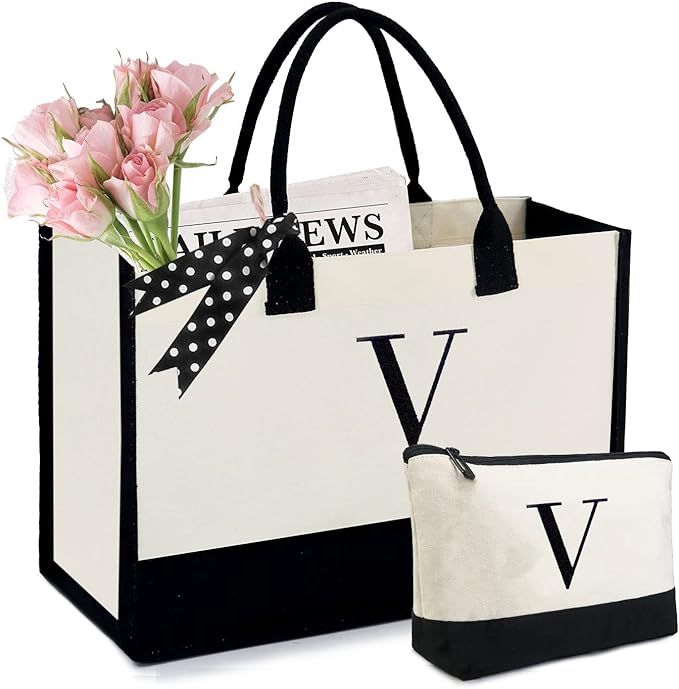 BeeGreen Personalized-Tote-Bag-for-Women-Initial Canvas Tote Bag Embroidery Monogram Bag | Amazon (US)