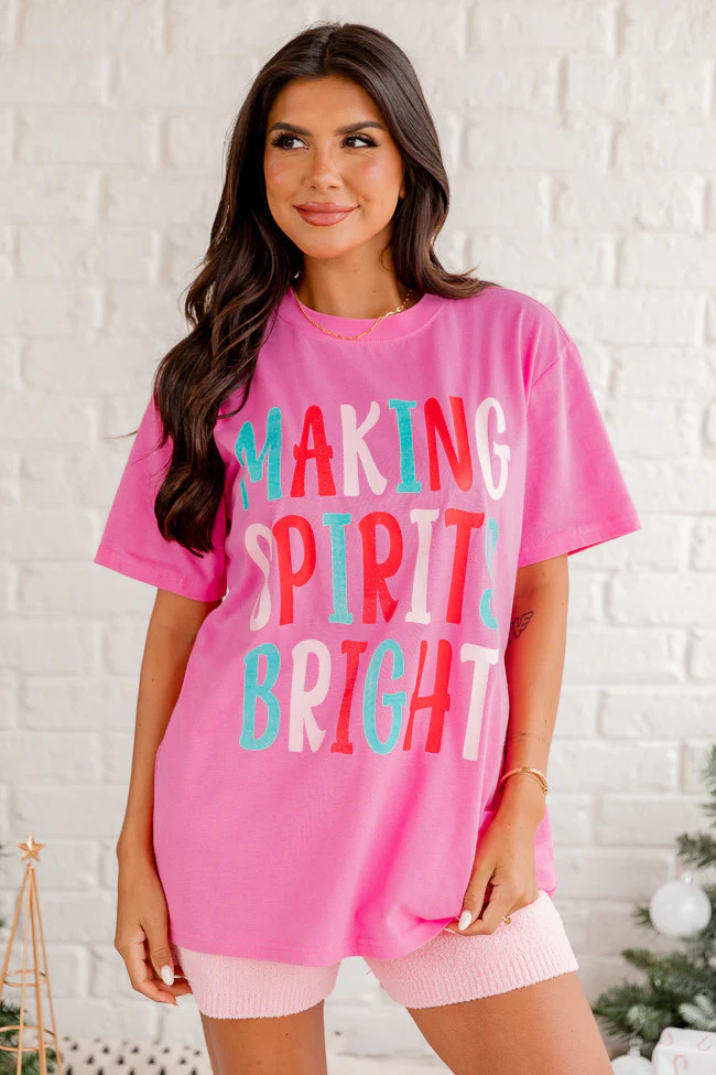 Making Spirits Bright Pink Oversized Graphic Tee | Pink Lily
