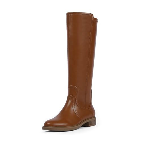 QIY Tall Brown Boots for Women Knee-High Boots Brown Long Boot for Women Dress Round Toe Heeled Low Heel Flat Fall Leather Below Knee Boot Size 7.5 | Amazon (US)