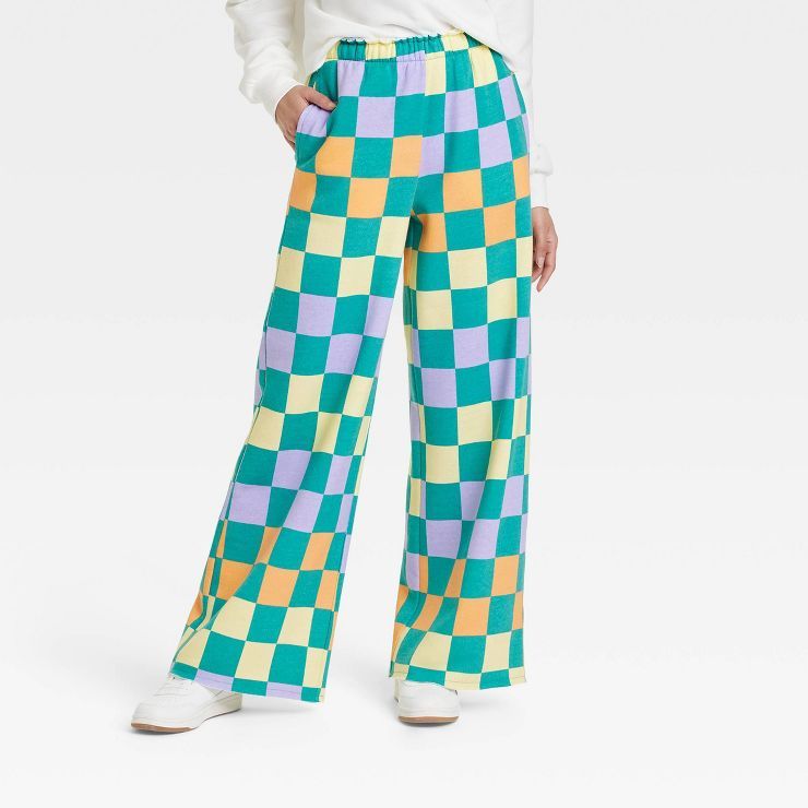Women's Colorful Print Checkered Wide Leg Graphic Pants | Target
