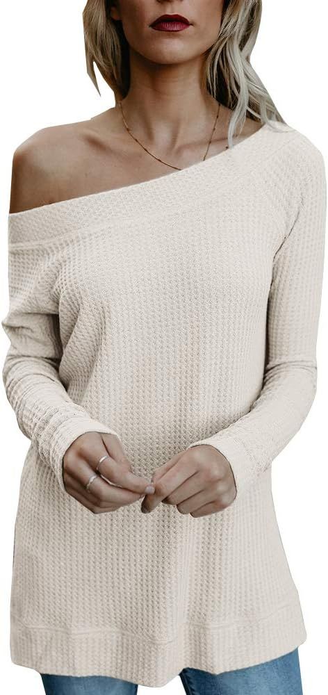 Beautife Womens Sweaters Off Shoulder Casual Oversized Long Sleeve Knit Pullovers Tunic Tops | Amazon (US)