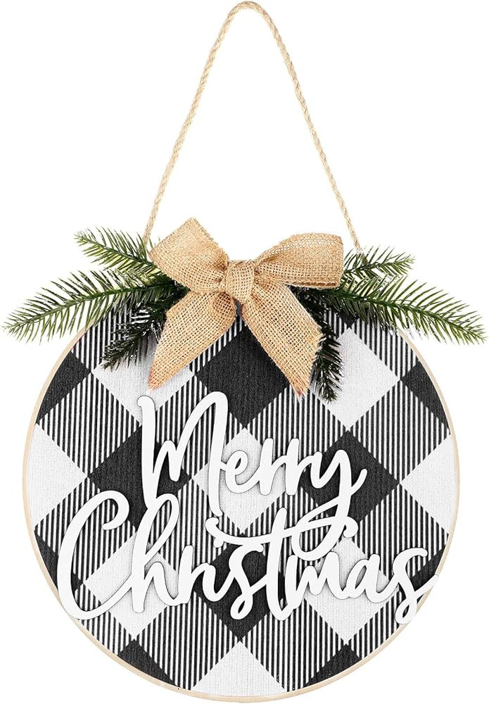 Christmas Sign Merry Christmas Decorations Wreath Hanging Sign Rustic Burlap Wooden Holiday Decor... | Amazon (US)
