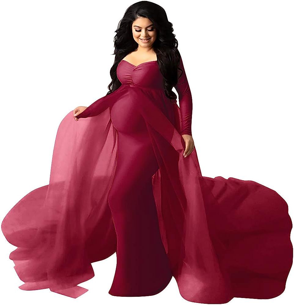 Pregnant Women Elegant Fitted Maternity Gown Long Sleeve V Neck Slim Chiffon Train Maxi Photograp... | Amazon (US)