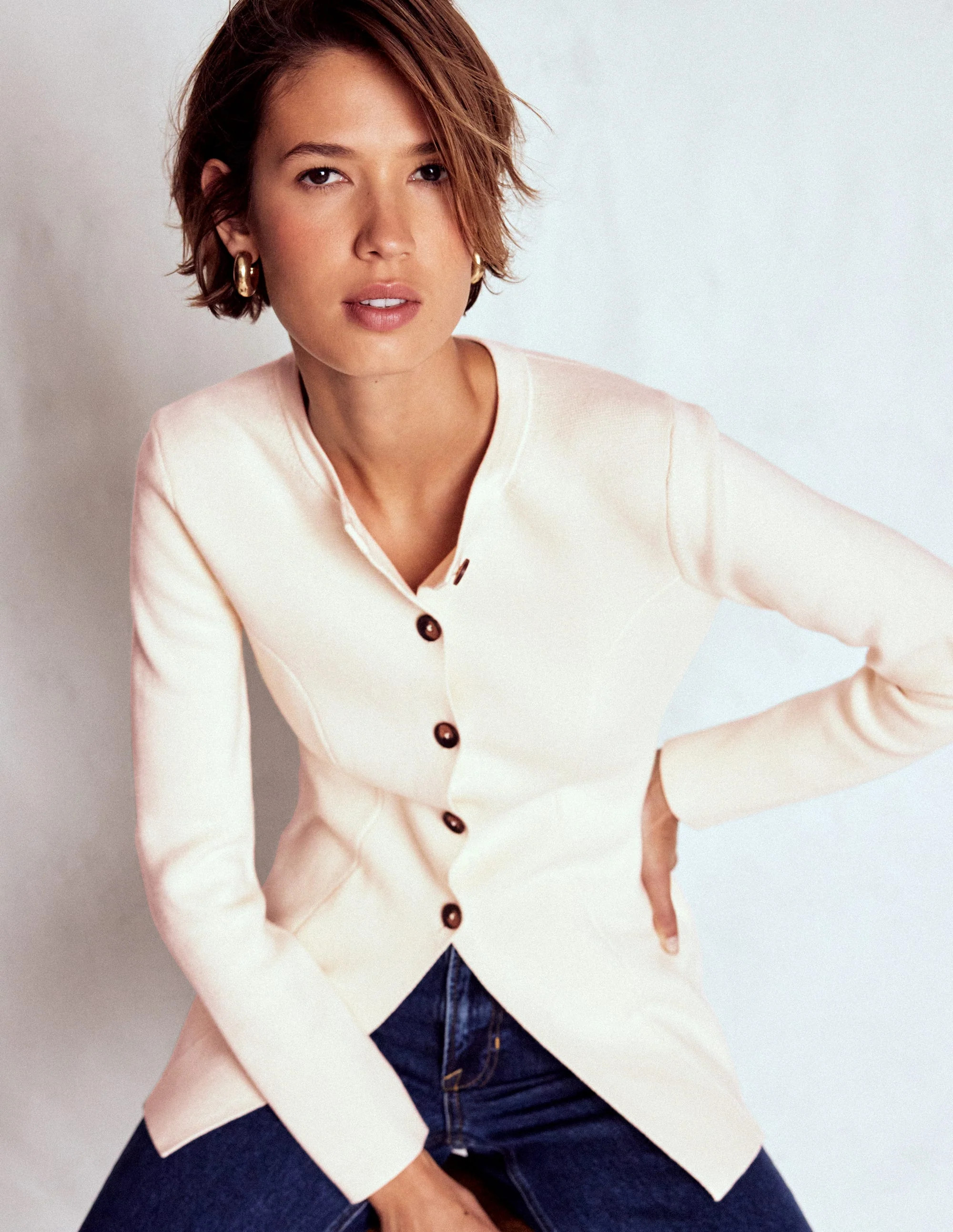 Joanna Fitted Knitted Jacket-Warm Ivory | Boden (US)