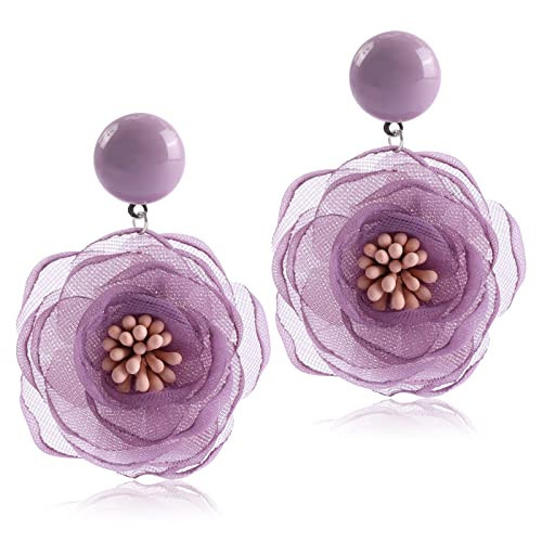 Bohemian Purple Flower Dangle Earrings for Women - Chiffon Floral Petal Handmade Fabric Statement Drop Blossom Earrings - Lightweight Fashion Jewelry Gifts for Her | Amazon (US)