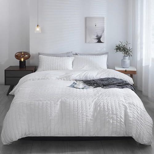 Seersucker Bedding Set Double Bed Duvet Cover Sets 100% Cotton White Waffle Quilt Covers with Pil... | Amazon (UK)