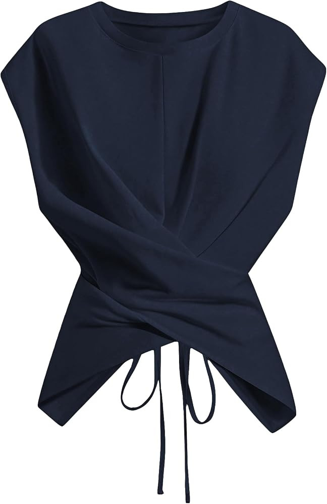 Verdusa Womens Cinched Waist Wrap Top Cap Sleeve Tie Back Asymmetrical Tops | Amazon (US)