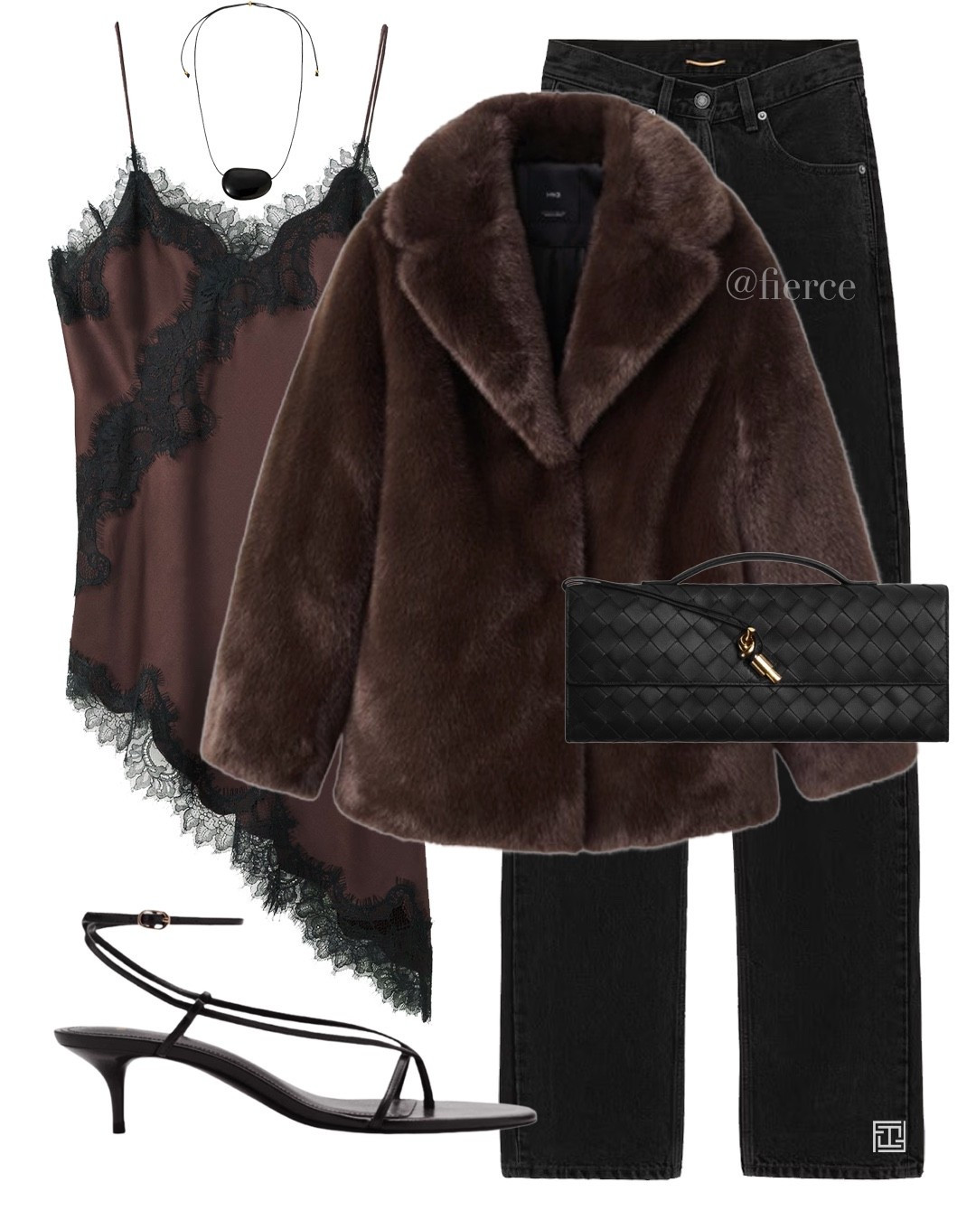 Black jeans chocolate brown faux fur coat lace trim top black woven clutch bag black cord necklace chic outfit party look date night 

#LTKwinter #LTKuk #LTKdatenight