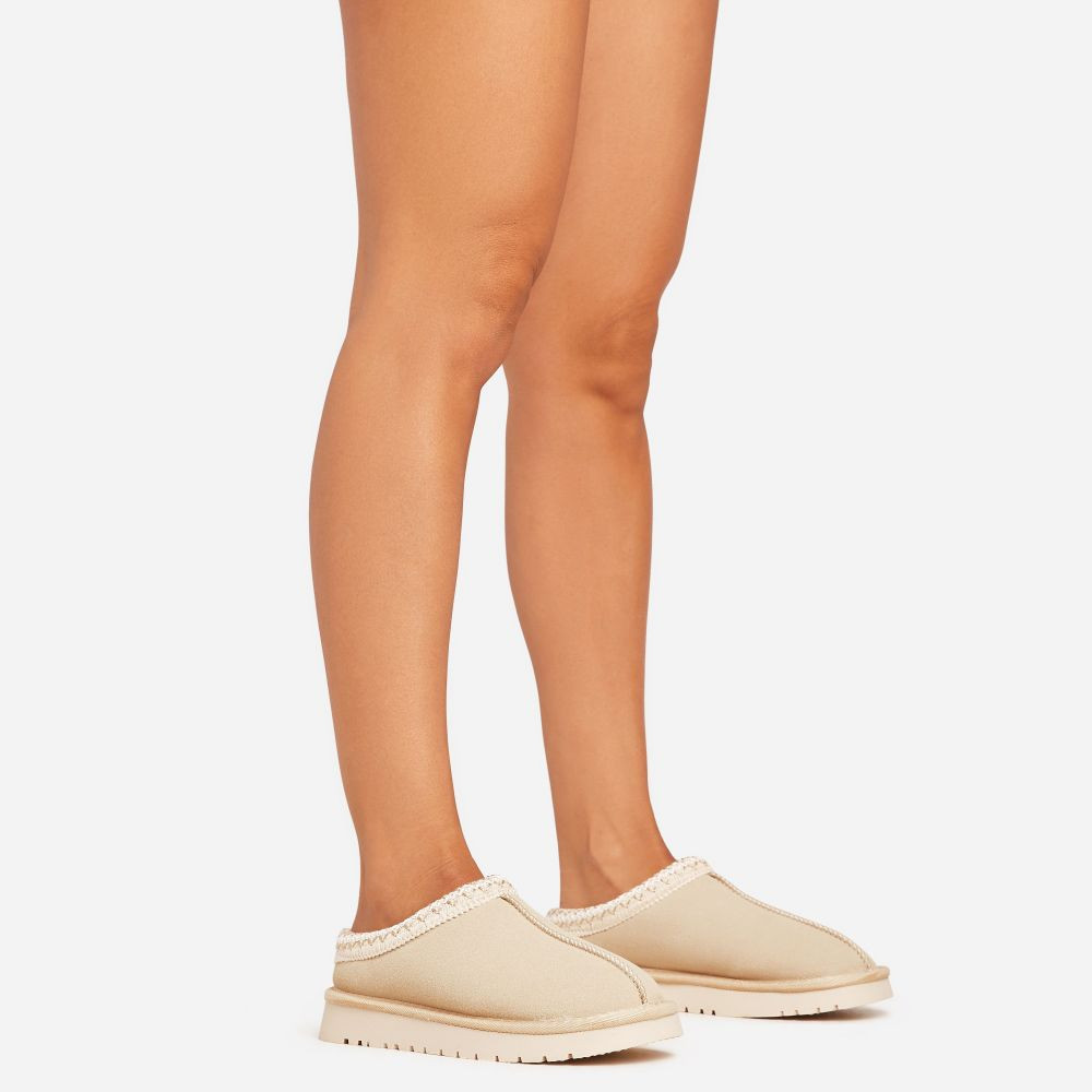 Catch-Up Aztec Detail Faux Fur Lining Flat Slipper In Sand Faux Suede | EGO (UK)