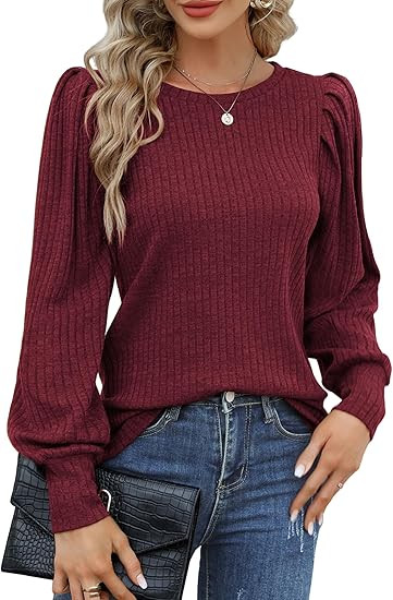 HOTOUCH Women's Knit Blouse Soft Puff Long Sleeve Shirt Tops Lightweight Round Neck Pullover Swea... | Amazon (US)